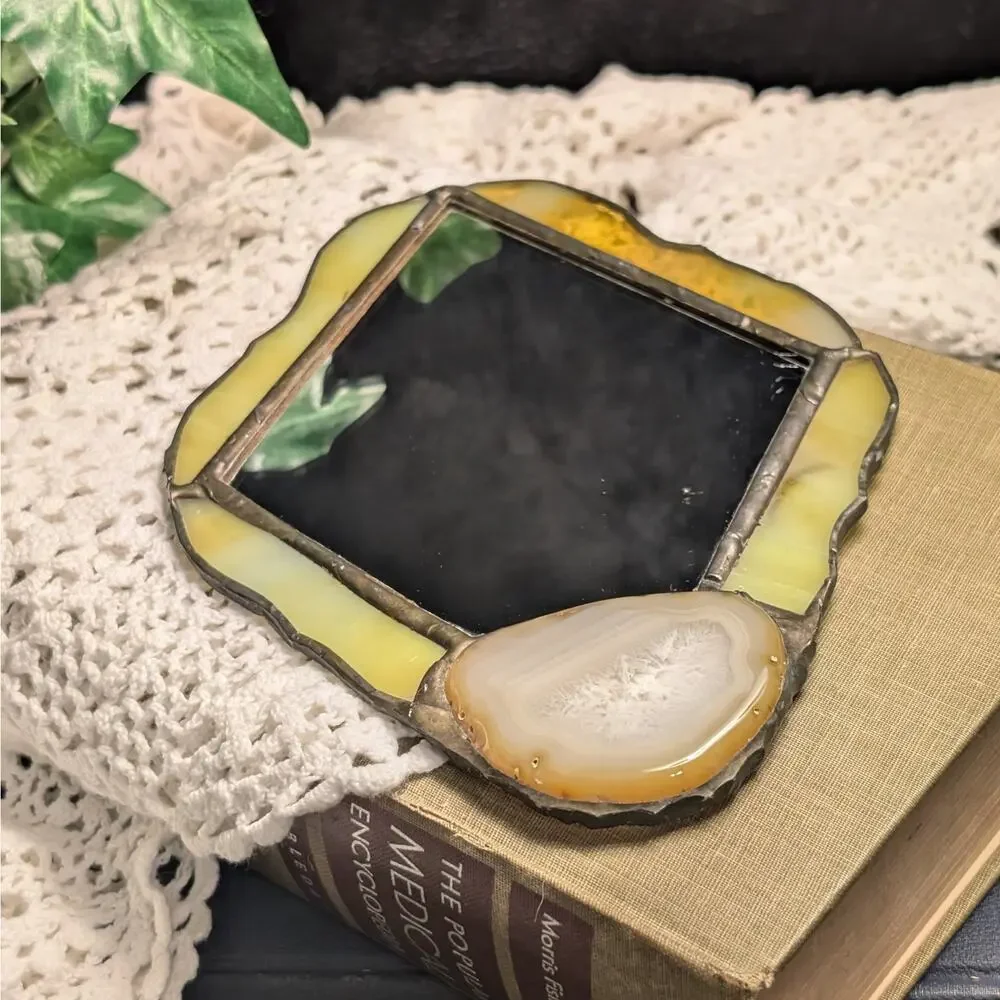 Handmade Vintage Stained Glass Mirror w Agate Stone Wall Hanging Boho Decor OOAK